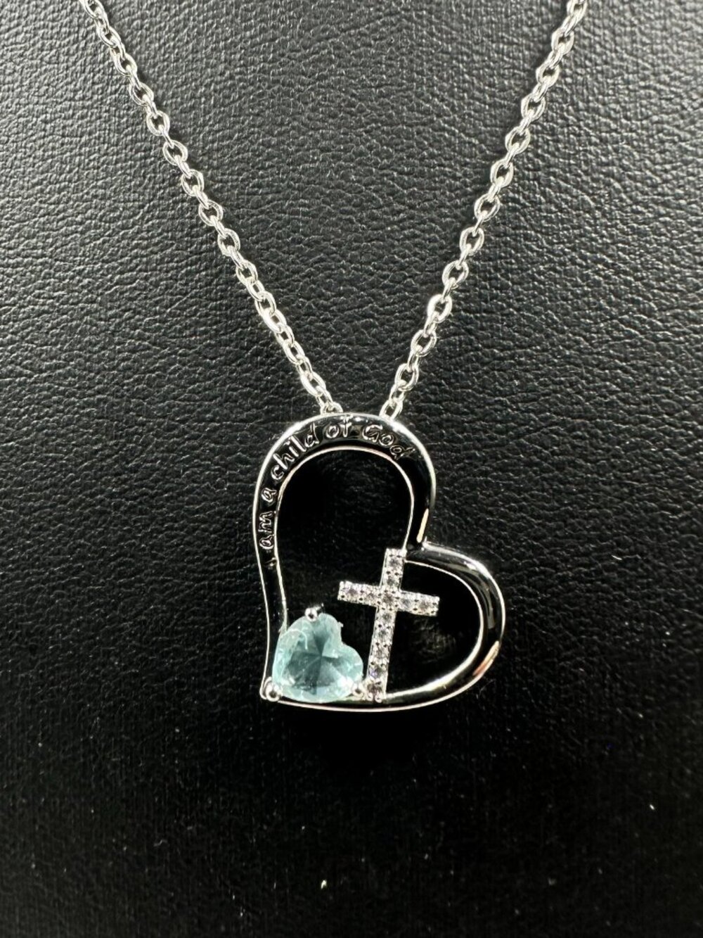 3/$30 I Am A Child of God Heart Necklace Silver Cross Blue Stone Accent 17 "